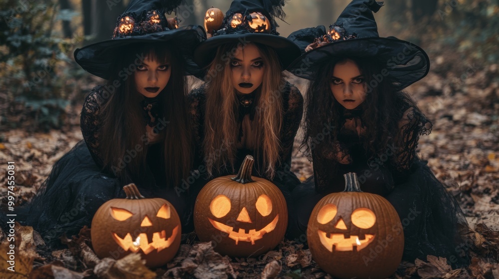 Fototapeta premium Halloween Celebrations with Witches and Pumpkins in an Autumn Forest Setting