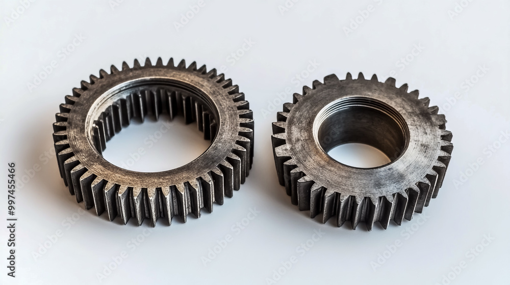 Two gears on white background, one small and the other large with an aperture in between them. Two gears on white background, one small and the other large with an aperture in between them.