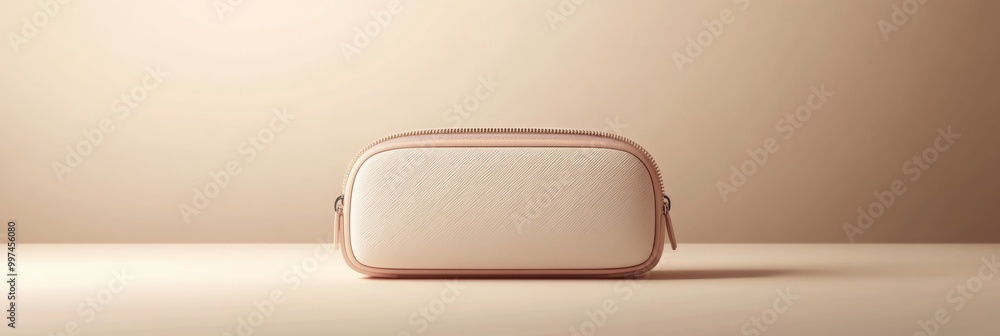 A realistic rendering of an elegant cosmetic bag, showcasing its stylish shape and luxurious materials. The bag is displayed against a subtle background to highlight its design A realistic rendering of an elegant cosmetic bag, showcasing its stylish shape and luxurious materials. The bag is displayed against a subtle background to highlight its design