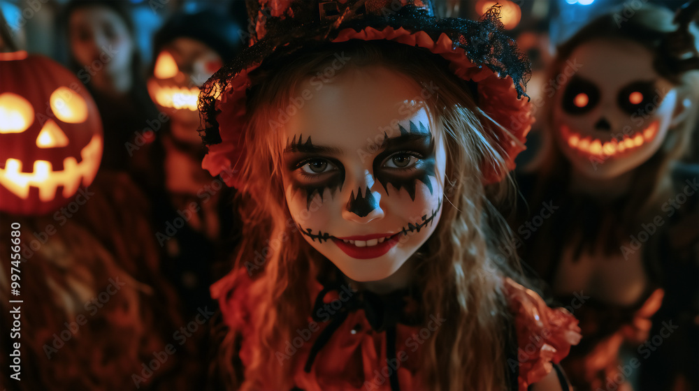 Teenagers in Halloween Costumes with Skull Face Paint Celebrating at a Festive Halloween Party with Glowing Jack-O’-Lanterns and Colorful Lights Teenagers in Halloween Costumes with Skull Face Paint Celebrating at a Festive Halloween Party with Glowing Jack-O’-Lanterns and Colorful Lights