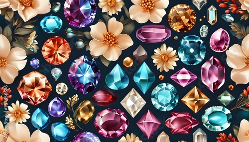 Elegant seamless pattern of flowers, gems, and crystals for exquisite jewelry design photo