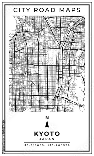 Monochrome Line Art Map of Kyoto City of Japan, Illustration and home decoration