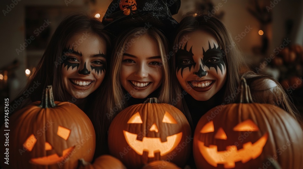 Halloween Celebrations with Witches and Pumpkins in an Autumn Forest Setting Halloween Celebrations with Witches and Pumpkins in an Autumn Forest Setting