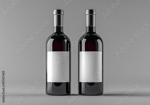 Two wine bottle mockup templates with blank labels, front view, on a grey background. photo