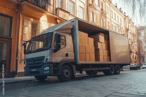 Delivery truck parked on the street with open doors revealing loaded boxes ready for transport in a bustling urban environment photo