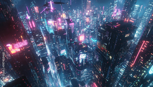 A sci-fi city with sleek skyscrapers, flying vehicles, and glowing holograms, offering a glimpse into a high-tech future