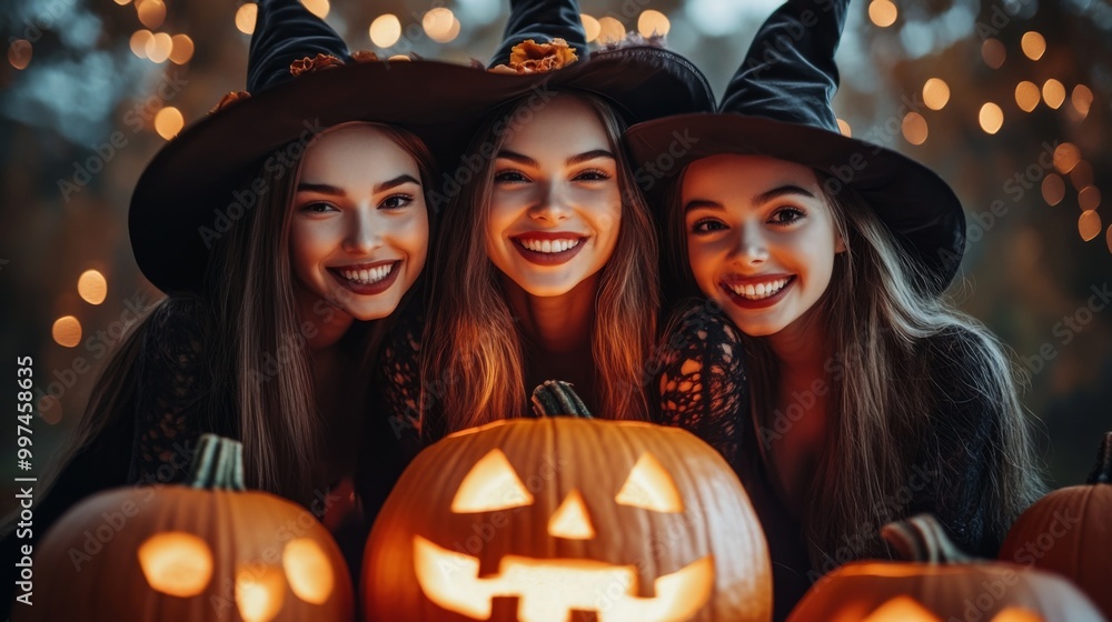 Halloween Celebrations with Witches and Pumpkins in an Autumn Forest Setting Halloween Celebrations with Witches and Pumpkins in an Autumn Forest Setting