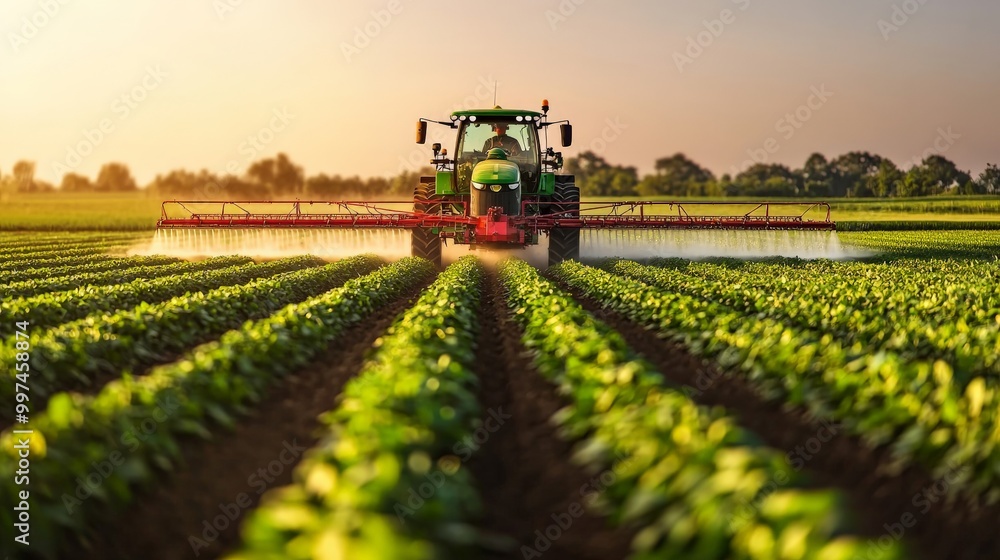 A high-tech sprayer applying fertilizer to a field, with precise, even coverage A high-tech sprayer applying fertilizer to a field, with precise, even coverage