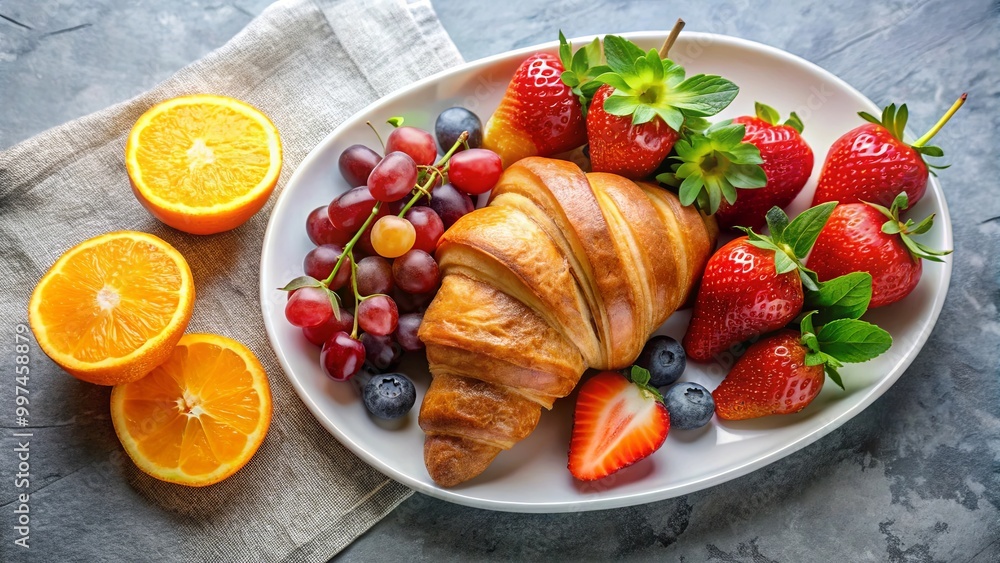 A delightful breakfast spread featuring a flaky croissant, juicy strawberries, plump grapes, sweet blueberries, and refreshing orange slices on a white plate. A delightful breakfast spread featuring a flaky croissant, juicy strawberries, plump grapes, sweet blueberries, and refreshing orange slices on a white plate.