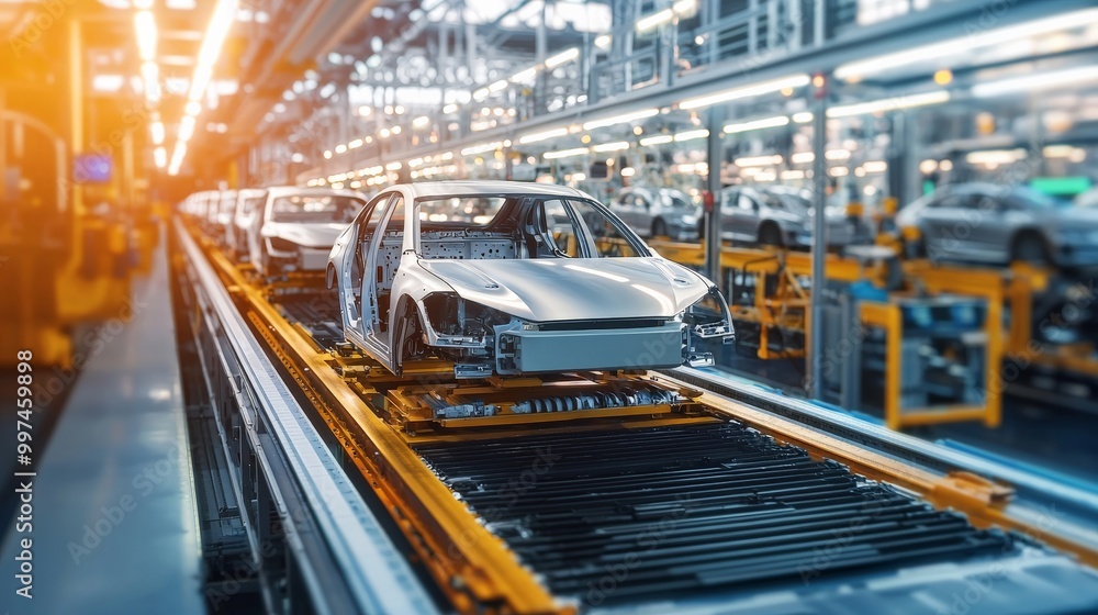 A highly organized automotive production facility, with cars being assembled in a streamlined process, focus on efficiency and quality A highly organized automotive production facility, with cars being assembled in a streamlined process, focus on efficiency and quality