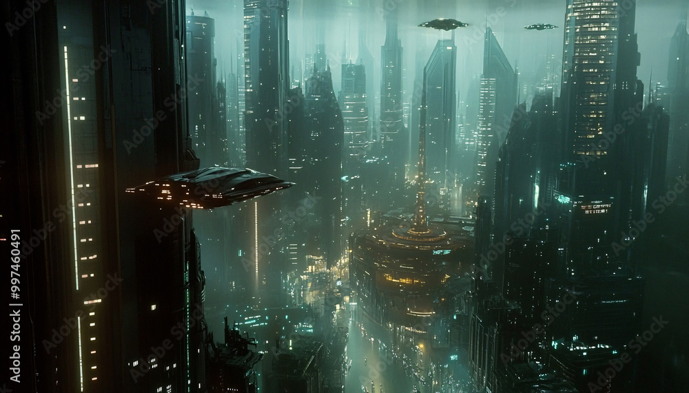 Obraz premium A sci-fi city with sleek skyscrapers, flying vehicles, and glowing holograms, offering a glimpse into a high-tech future