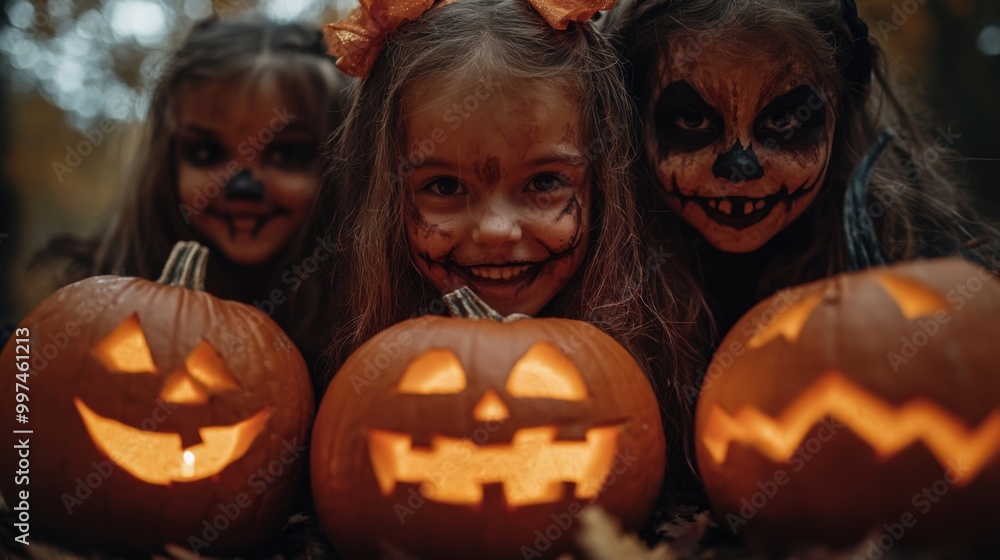 Halloween Celebrations with Witches and Pumpkins in an Autumn Forest Setting Halloween Celebrations with Witches and Pumpkins in an Autumn Forest Setting