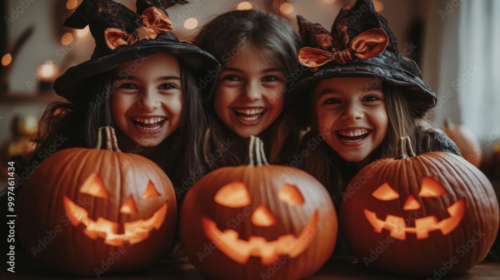Fototapeta premium Halloween Celebrations with Witches and Pumpkins in an Autumn Forest Setting