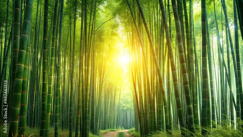 Fototapeta premium A sunlit path leading through a dense bamboo forest, creating a serene and tranquil atmosphere
