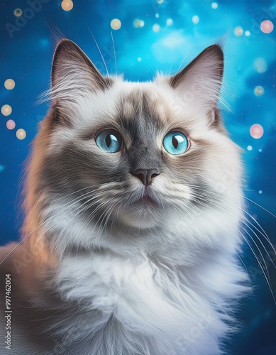 A captivating Ragdoll cat portrait, showcasing its soft, luxurious fur and enchanting blue eyes, exuding an aura of calmness and grace under gentle lighting.