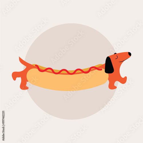 Hot dog sausage funny cute character dachshund dog illustration in doodle style