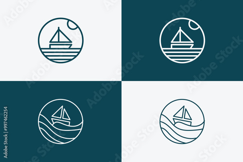 SET of 2 nautic concept logos in line art style featuring a sailboat at sea