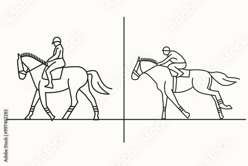 Set of 2 equestrian illustrations featuring horse and rider in minimalist linear style walking and racing