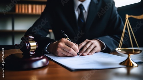 Lawyer Signing a Legal Document in Court