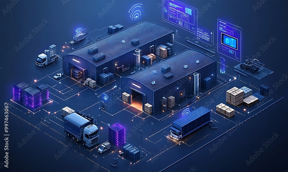 an isometric illustration of a smart warehouse management system emphasizing inventory control. with IoT device design an isometric illustration of a smart warehouse management system emphasizing inventory control. with IoT device design