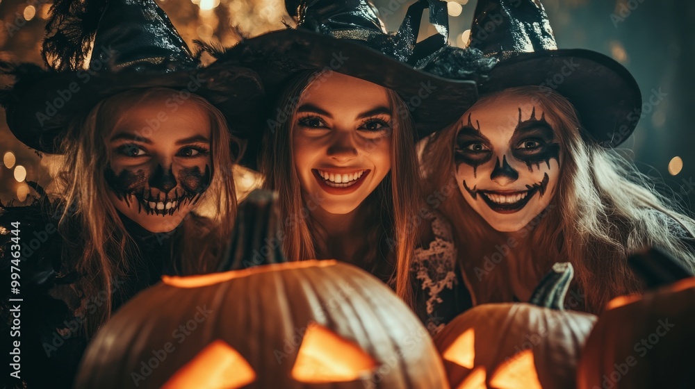 Fototapeta premium Halloween Celebrations with Witches and Pumpkins in an Autumn Forest Setting