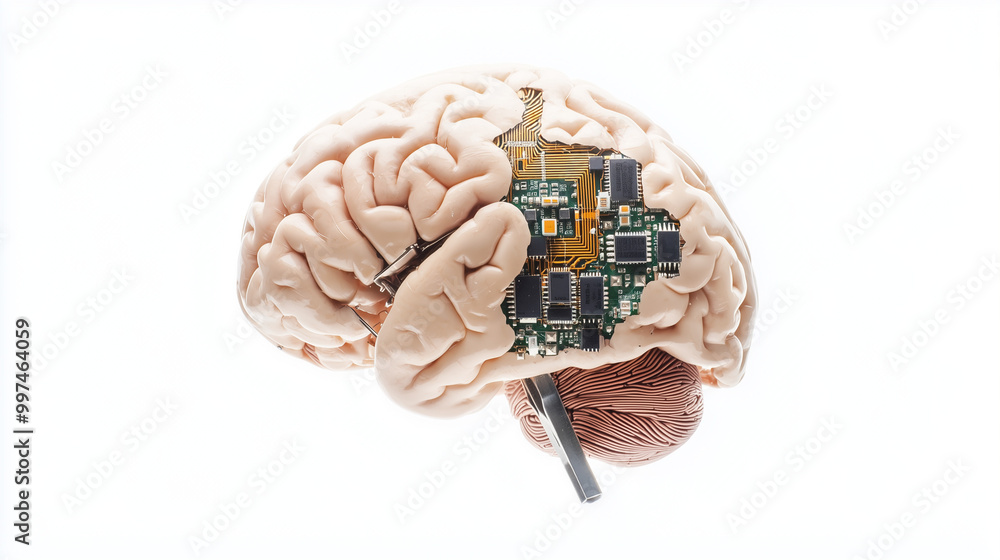 Fototapeta premium Bio-Digital Brain: A captivating image of a human brain seamlessly integrated with a microchip circuit board, symbolizing the convergence of biology and technology.
