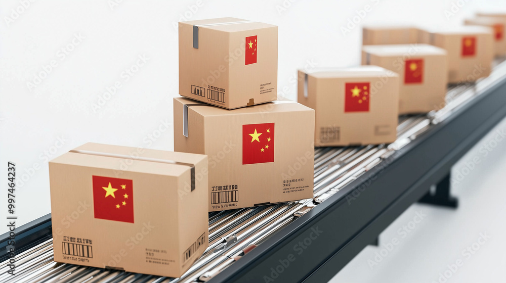 China Export: Cardboard boxes with the Chinese flag on a conveyor belt. Illustrates global trade, manufacturing, and e-commerce from China. China Export: Cardboard boxes with the Chinese flag on a conveyor belt. Illustrates global trade, manufacturing, and e-commerce from China.