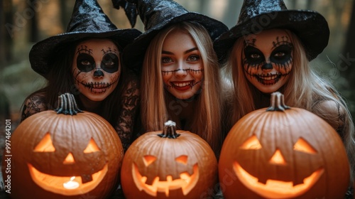 Halloween Celebrations with Witches and Pumpkins in an Autumn Forest Setting