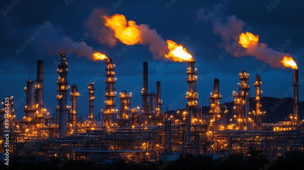 Fototapeta premium Industrial complex with flames and lights at dusk.