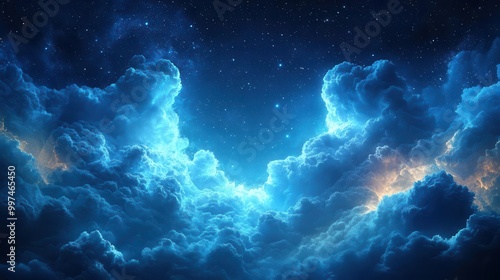 fluffy volumetric clouds drift across a deep blue night sky dotted with shimmering stars creating a serene and dreamlike celestial landscape