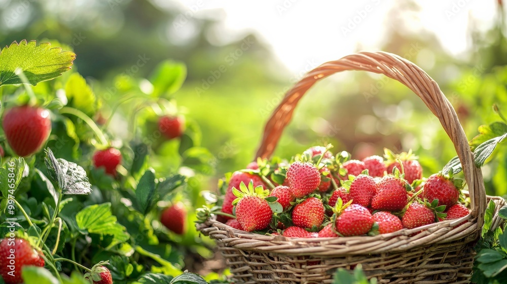 A basket overflowing with freshly picked strawberries, with a strawberry field in the background A basket overflowing with freshly picked strawberries, with a strawberry field in the background