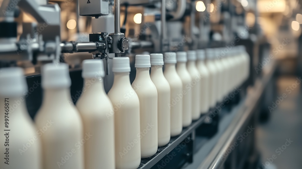 Milk bottles on assembly line in dairy factory production Milk bottles on assembly line in dairy factory production