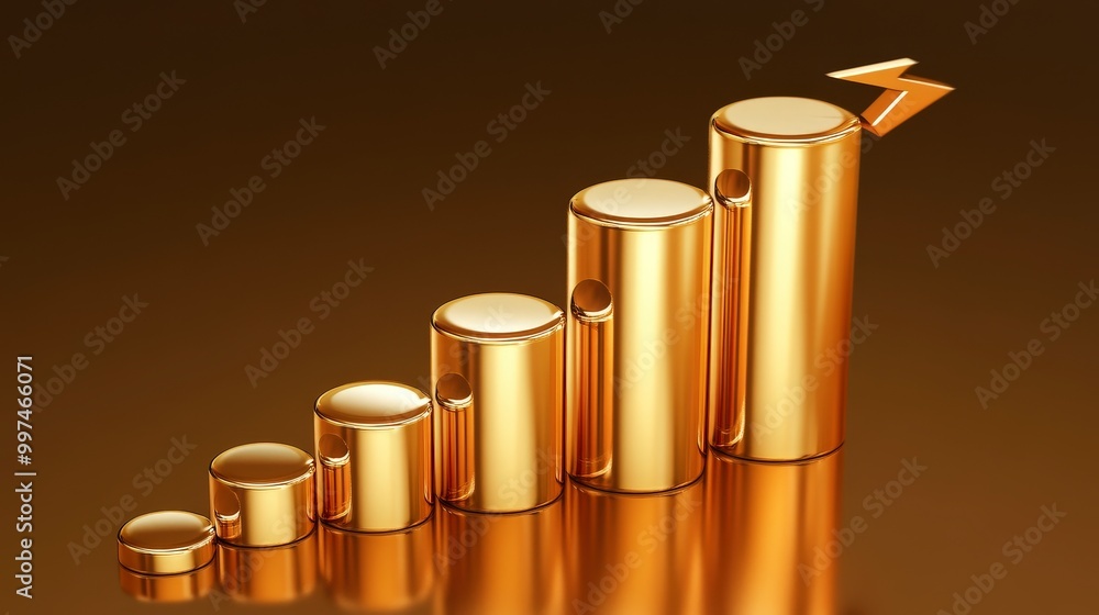 Golden bars in ascending order with arrow symbolizing growth and progress Golden bars in ascending order with arrow symbolizing growth and progress