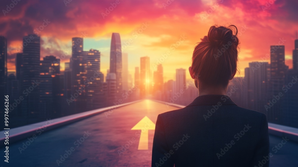 businesswoman standing on arrow the road planning thinking Concept of way to success businesswoman standing on arrow the road planning thinking Concept of way to success
