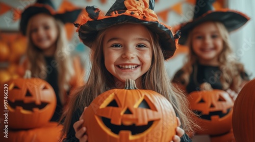 Halloween Celebrations with Witches and Pumpkins in an Autumn Forest Setting