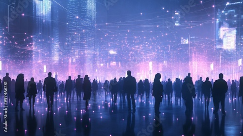 A lively urban street at night filled with people, overlaid with digital connections, with a cityscape in the background.