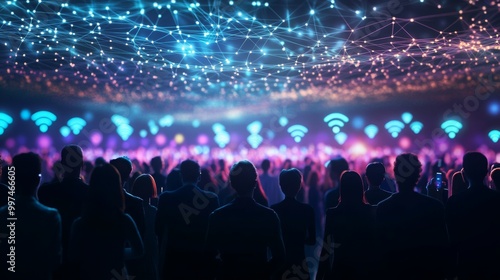 Wallpaper Mural A bustling nighttime street scene with crowds and digital connection overlays, set against a city skyline. Torontodigital.ca