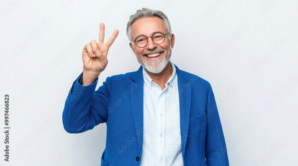 A delighted senior man giving double peace signs, with a background that leaves space for copy. A delighted senior man giving double peace signs, with a background that leaves space for copy.