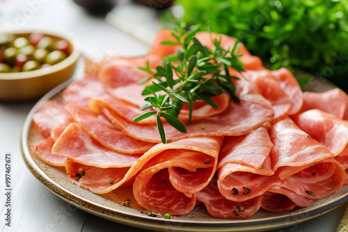 Ham slices and herbs on plate.