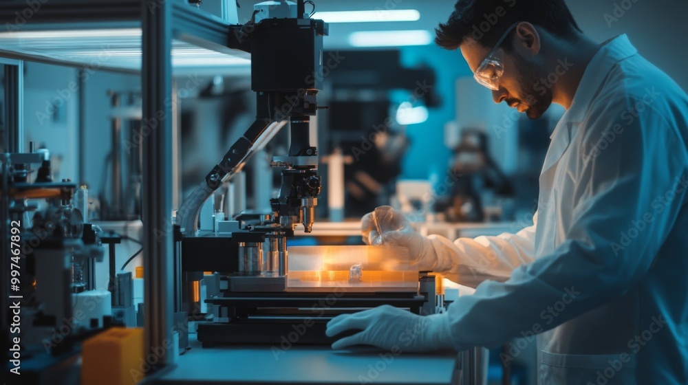 A scientist wearing protective gear meticulously conducts experiments in a high-tech laboratory, utilizing advanced equipment in the evening light. The atmosphere is focused and professional. A scientist wearing protective gear meticulously conducts experiments in a high-tech laboratory, utilizing advanced equipment in the evening light. The atmosphere is focused and professional.