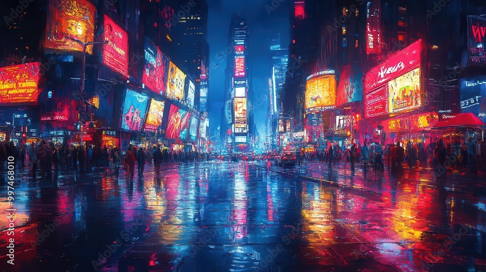 futuristic depiction of an empty times square at night rendered in a cyberpunk style showcasing neon lights and abstract street art in a vibrant digital painting futuristic depiction of an empty times square at night rendered in a cyberpunk style showcasing neon lights and abstract street art in a vibrant digital painting