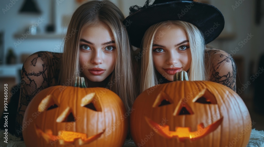 Halloween Celebrations with Witches and Pumpkins in an Autumn Forest Setting Halloween Celebrations with Witches and Pumpkins in an Autumn Forest Setting