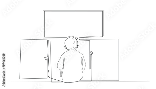 continuous line drawing of a child watching television. one line drawing of a boy sitting in front of the television. single line vector illustration of a child's favorite show.