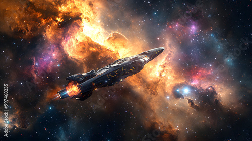 Spaceship approaching an unknown planet, vast cosmic landscape with swirling nebulae