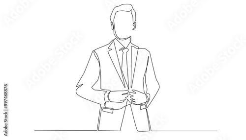 continuous line of business man tidying suit.one line drawing of young man wearing suit to work.single line vector illustration. isolated on a white background