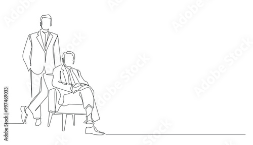 continuous line of family business.one line drawing of son inheriting parent's company.single line of business man taking photo with his father who owns the company