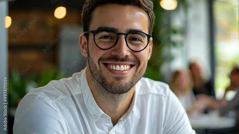A man wearing glasses smiles broadly while sitting in a cafe A man wearing glasses smiles broadly while sitting in a cafe