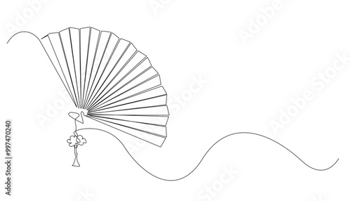 continuous line of chinese folding fans. one line drawing of an oriental folding fan. Traditional Chinese folding souvenir