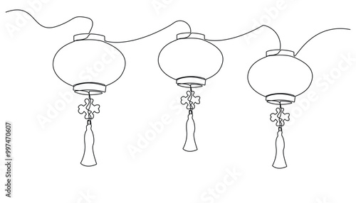 continuous line drawing of chinese lanterns.one line drawing of chinese new year celebration.chinese lanterns hanging on single line concept