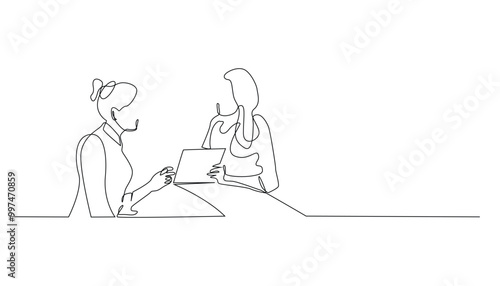 continuous line drawing of customer service giving information information to customers .one line drawing of receptionist giving information to guests in hotel lobby .single line vector illustration